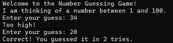 Screenshot of the Number Guessing game